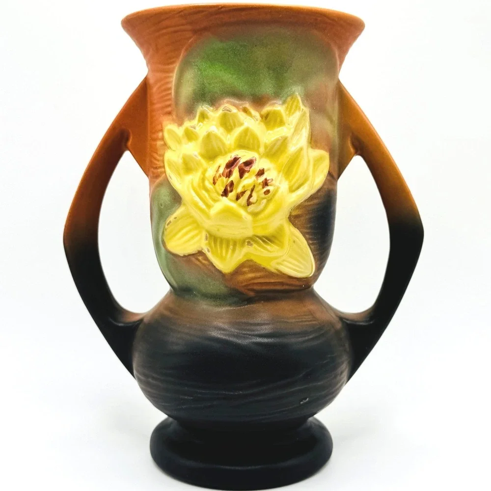 Roseville Water Lily 74-7 Vase Brown Green Yellow 1943 Art Pottery USA 7.25